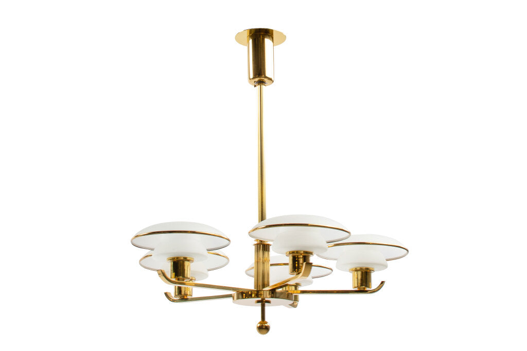 Polished Brass Five Light Chandelier With Frosted Glass Shades, Default