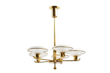 Polished Brass Five Light Chandelier With Frosted Glass Shades, Default