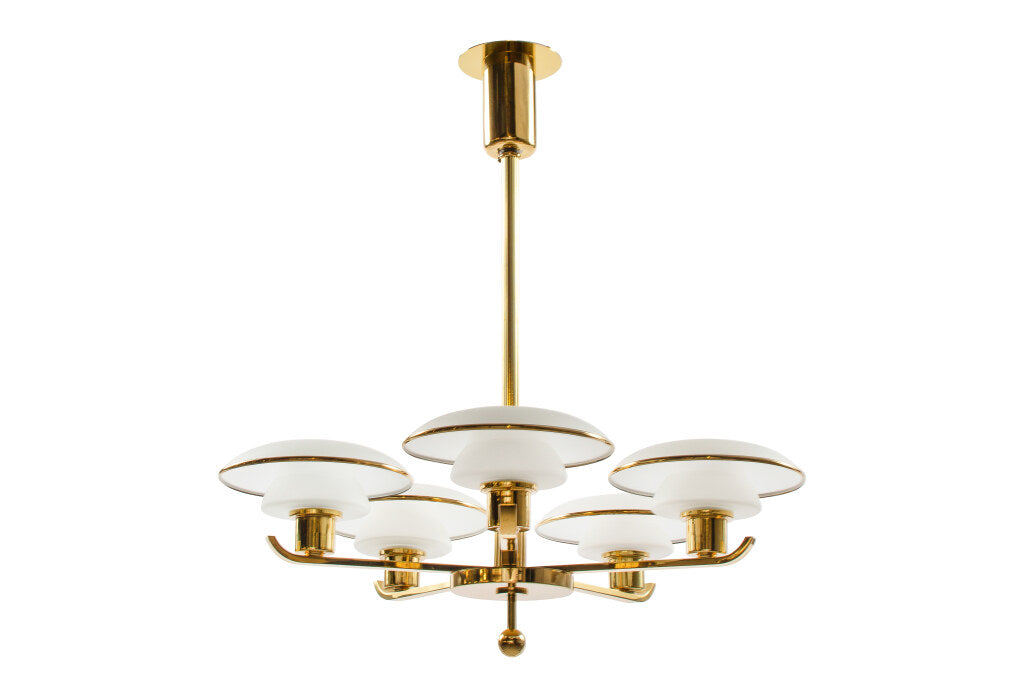 Polished Brass Five Light Chandelier With Frosted Glass Shades, Default