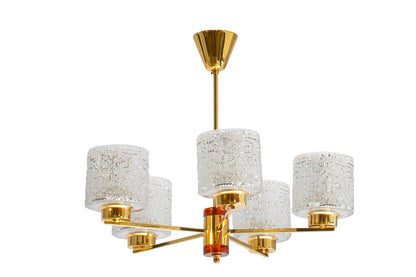 Brass And Amber Perspex Five Light Chandelier With Molded Glass Default