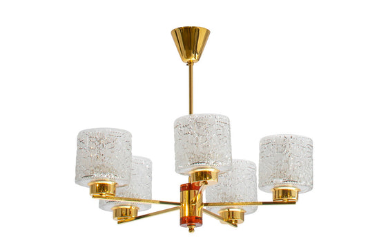 Brass And Amber Perspex Five Light Chandelier With Molded Glass Default