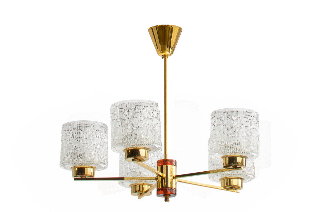Brass And Amber Perspex Five Light Chandelier With Molded Glass Default