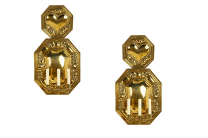 Repousse Brass Three Light Sconces With Reflectors, Sweden 19th Default