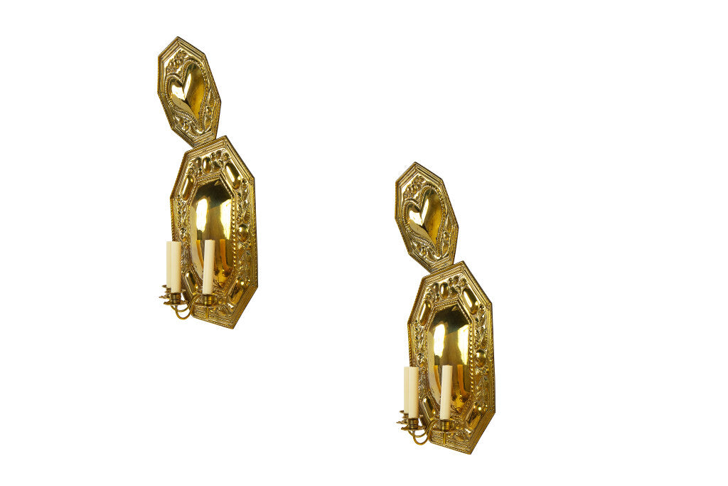 Repousse Brass Three Light Sconces With Reflectors, Sweden 19th Default