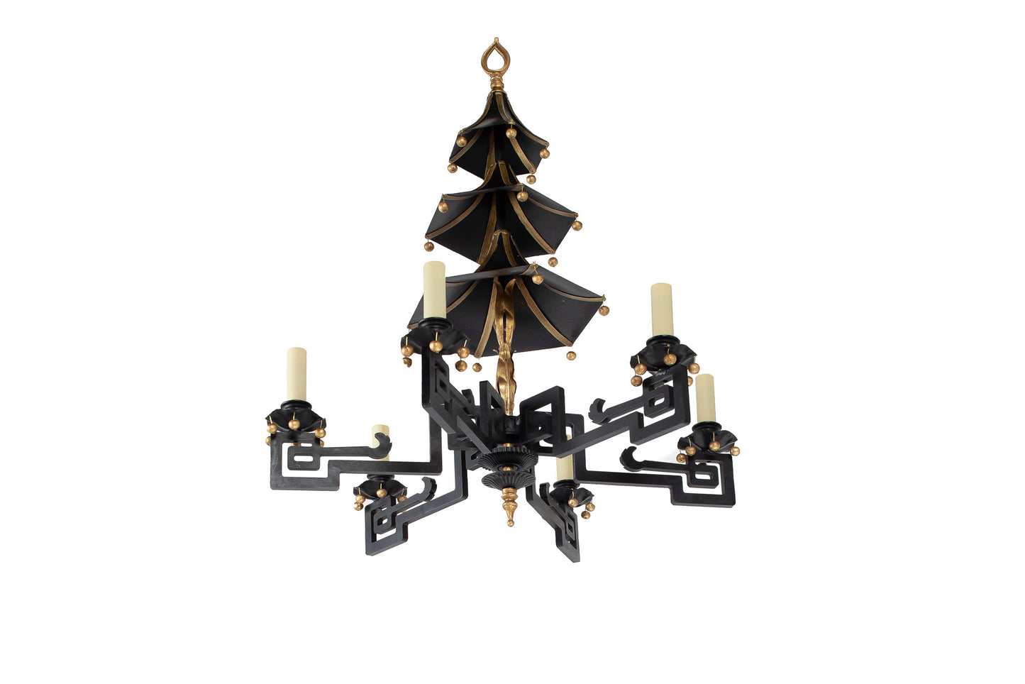 Gilt Iron Black Painted And  Six Light Chandelier With Pagoda Mo