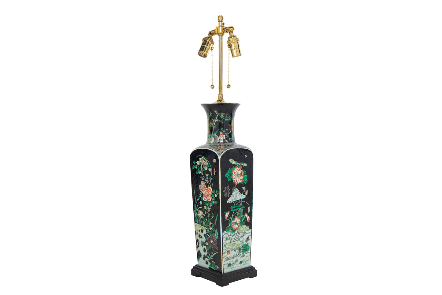 Porcelain Famille Noir Decorated Vase Lamp With Painted Wood Bas