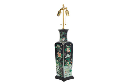 Porcelain Famille Noir Decorated Vase Lamp With Painted Wood Bas