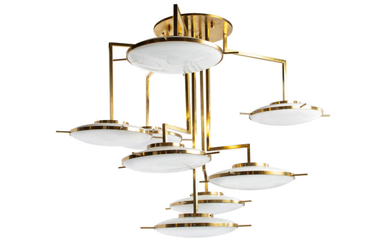 Gilt BrassTiered Eight Light Chandelier With Opaline Glass Shade Default