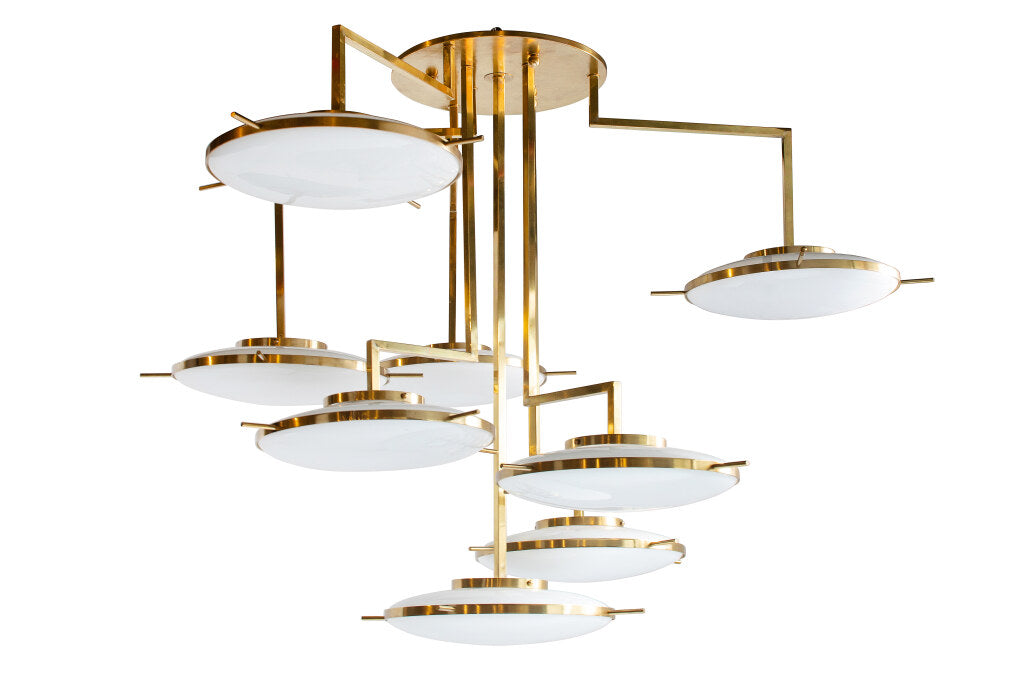 Gilt BrassTiered Eight Light Chandelier With Opaline Glass Shade Default