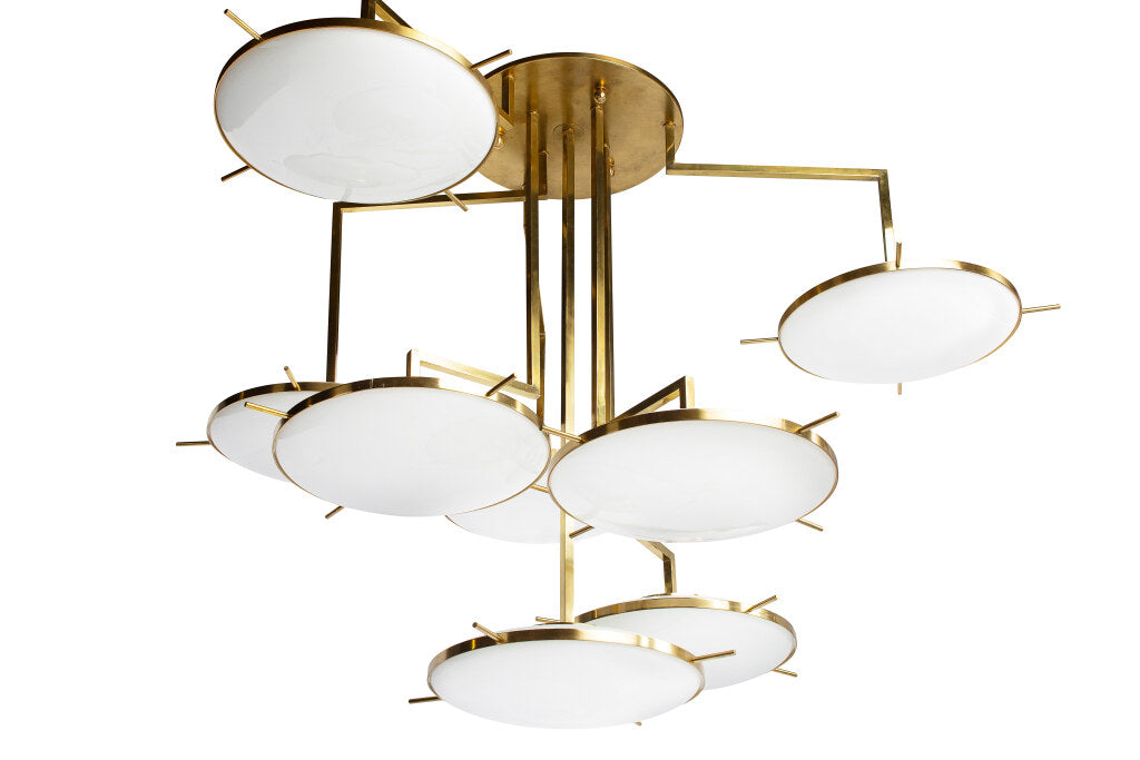 Gilt BrassTiered Eight Light Chandelier With Opaline Glass Shade Default