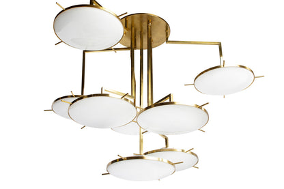Gilt BrassTiered Eight Light Chandelier With Opaline Glass Shade Default