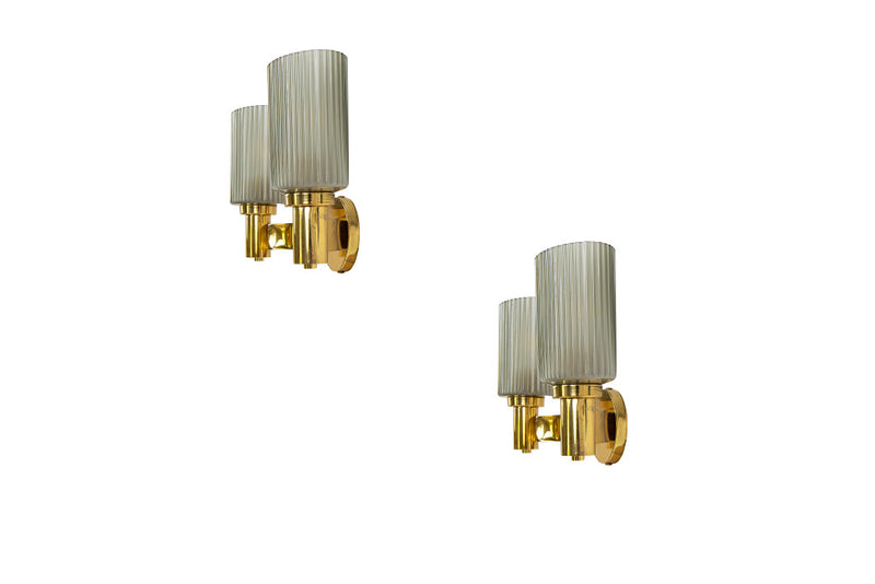 Gilt Brass And Grey Venetian Glass Shades Two Light Sconces, Ita