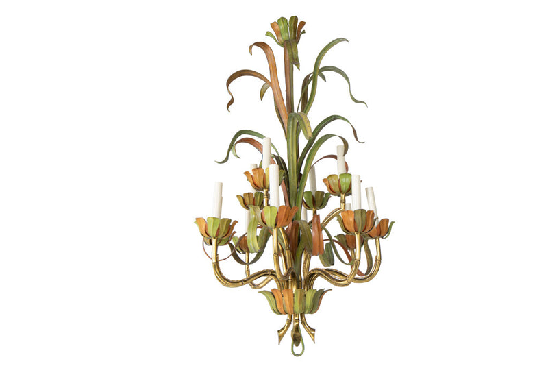 Gilt Bronze And Painted Tole Bamboo and Frond Motif Twelve Light