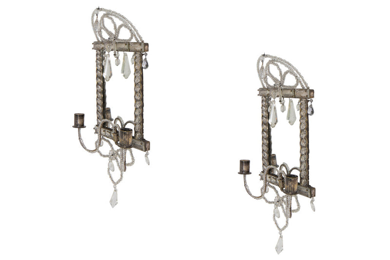 Mirror, Silvered Bronze And Faceted Crystal  Two Light Sconces,