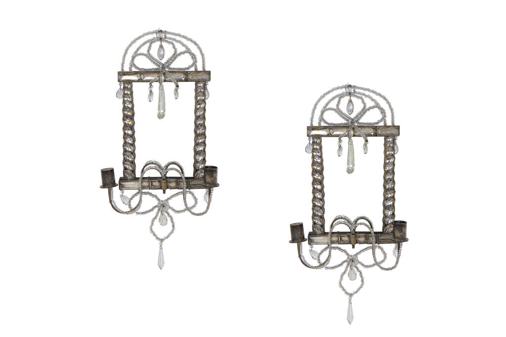 Mirror, Silvered Bronze And Faceted Crystal  Two Light Sconces, Default