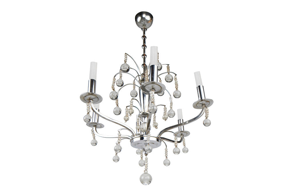 Chrome and Beaded Crystal Six Light Chandelier, France Mid 20th Default