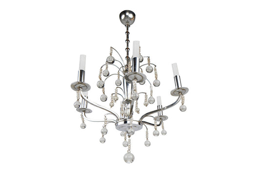 Chrome and Beaded Crystal Six Light Chandelier, France Mid 20th Default