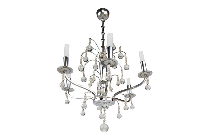 Chrome and Beaded Crystal Six Light Chandelier, France Mid 20th