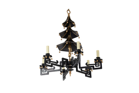 Gilt Iron Black Painted And  Six Light Chandelier With Pagoda Mo