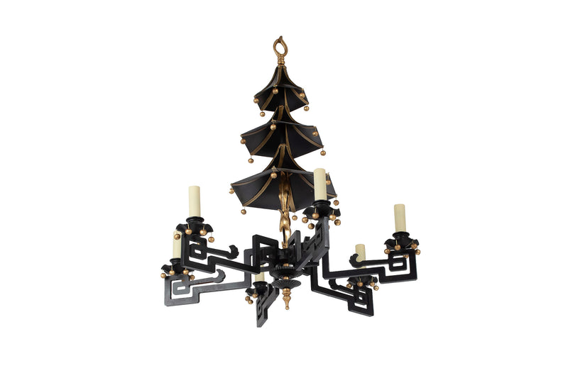 Gilt Iron Black Painted And  Six Light Chandelier With Pagoda Mo