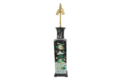 Porcelain Famille Noir Decorated Vase Lamp With Painted Wood Bas