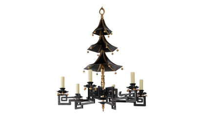 Gilt Iron Black Painted And  Six Light Chandelier With Pagoda Mo