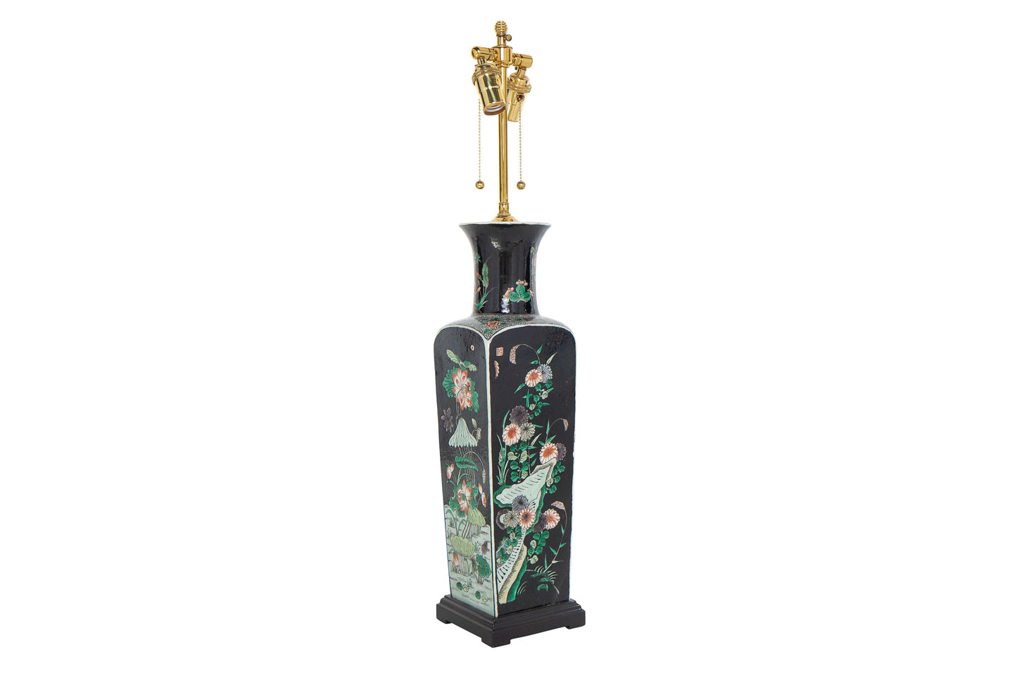 Porcelain Famille Noir Decorated Vase Lamp With Painted Wood Bas
