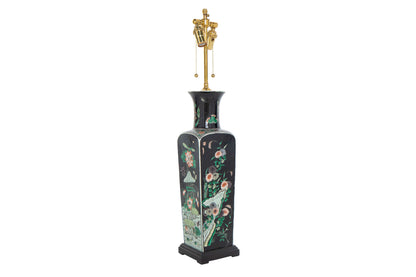 Porcelain Famille Noir Decorated Vase Lamp With Painted Wood Bas