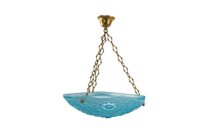 Blue Molded Glass  Art Deco Pendant With Floral Motif, France 20th Century