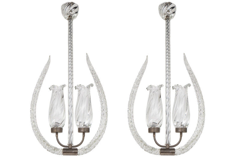 Venetian Glass Feather Motif  And Hurricane Shade Chandeliers by