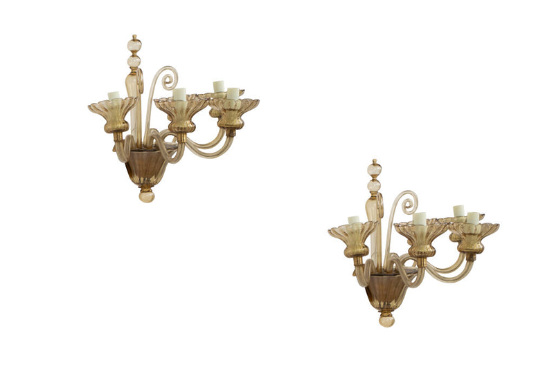 Venetian Glass Amber Colored  Five Light Sconces by 