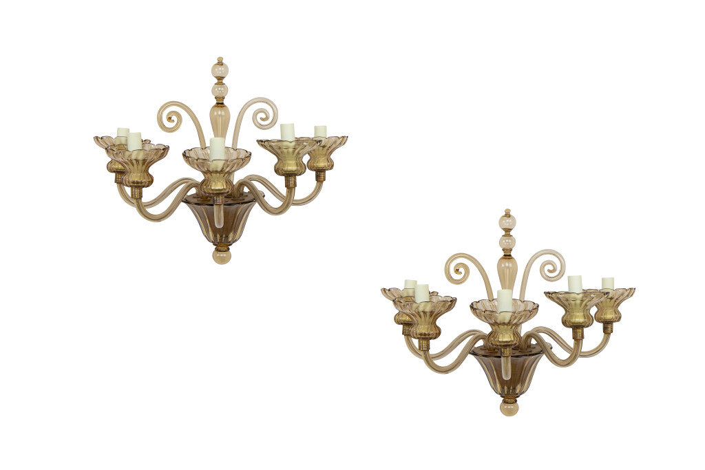 Venetian Glass Amber Colored  Five Light Sconces by "SEGUSO", It Default