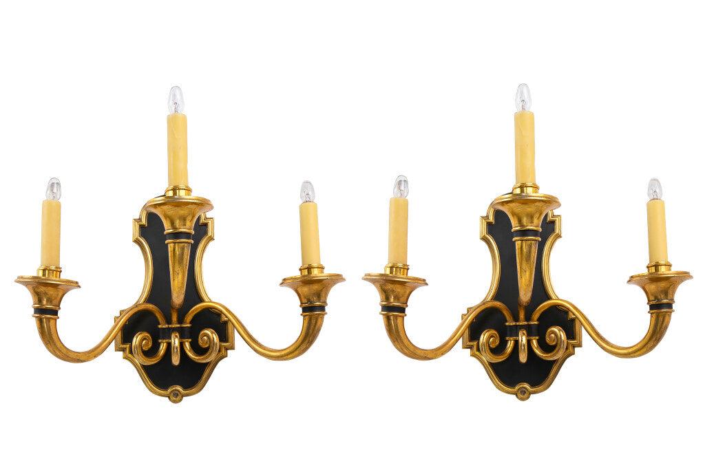 Black And Gilt Bronze Shield Back Three Light Sconces By "MAISON Default