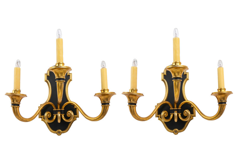 Black And Gilt Bronze Shield Back Three Light Sconces By 
