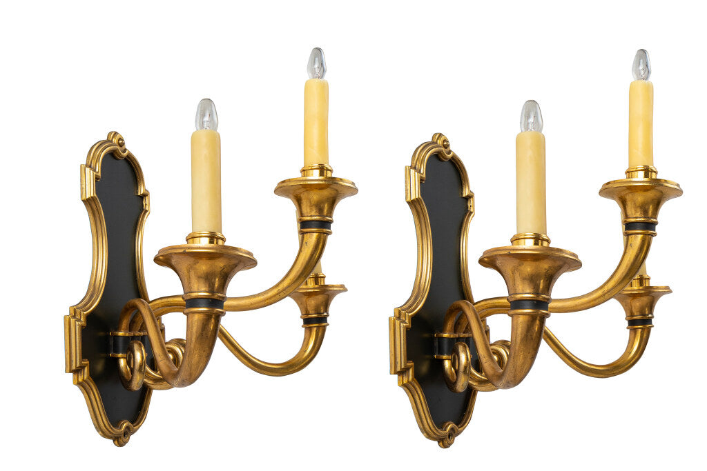 Black And Gilt Bronze Shield Back Three Light Sconces By "MAISON Default