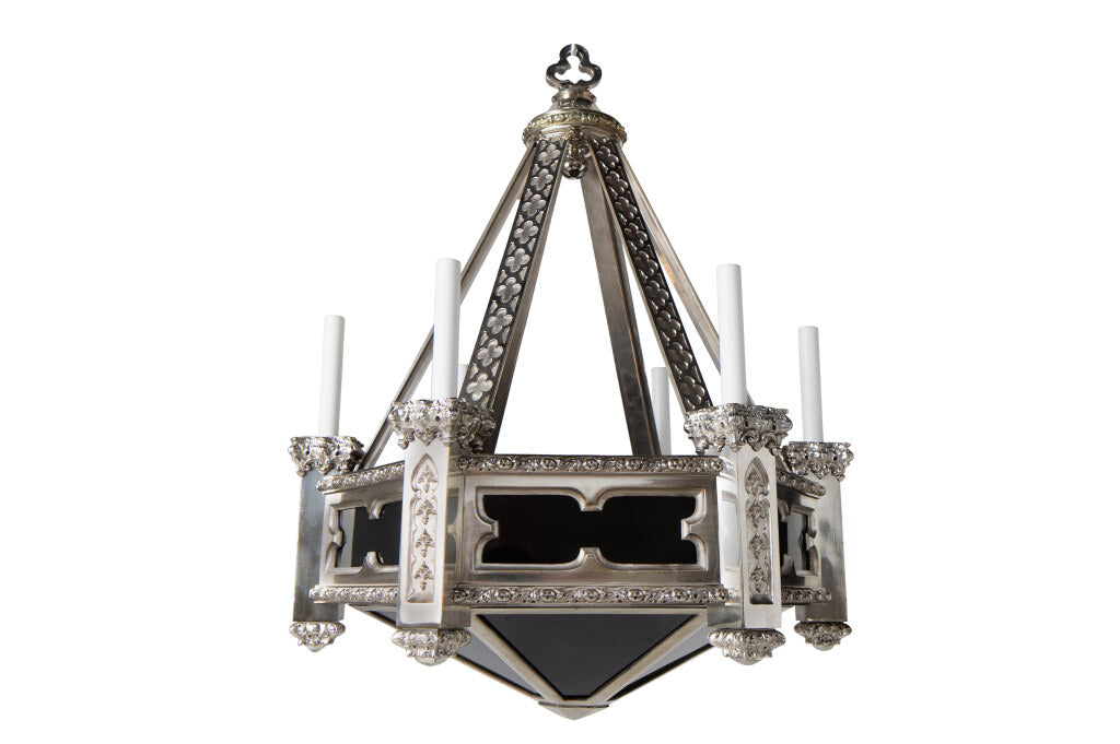 Silvered Bronze With Purple Paneled Glass  Neo-Gothic Six Arm, T Default