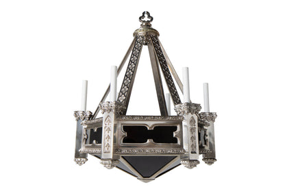 Silvered Bronze With Purple Paneled Glass  Neo-Gothic Six Arm, T Default