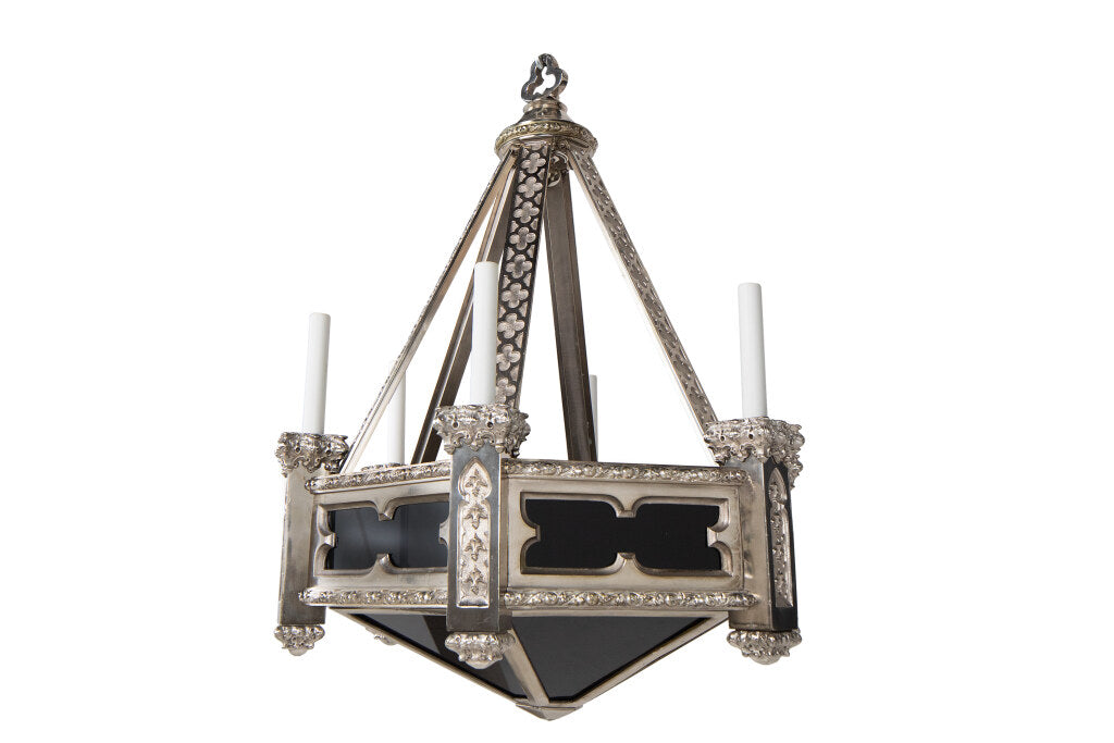 Silvered Bronze With Purple Paneled Glass  Neo-Gothic Six Arm, T Default