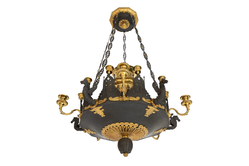 Gilt Bronze And Black Tole Charles X  Twelve Light  Chandelier W