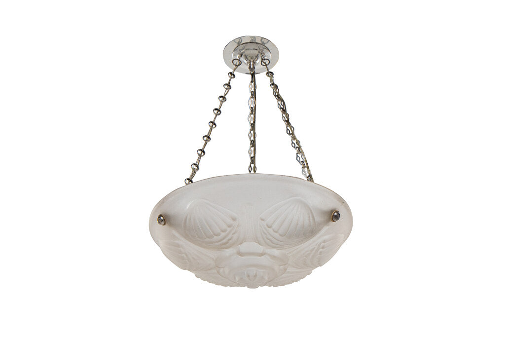 Molded Glass Art Deco Three Light Pendant With Coquille Motif, F Default