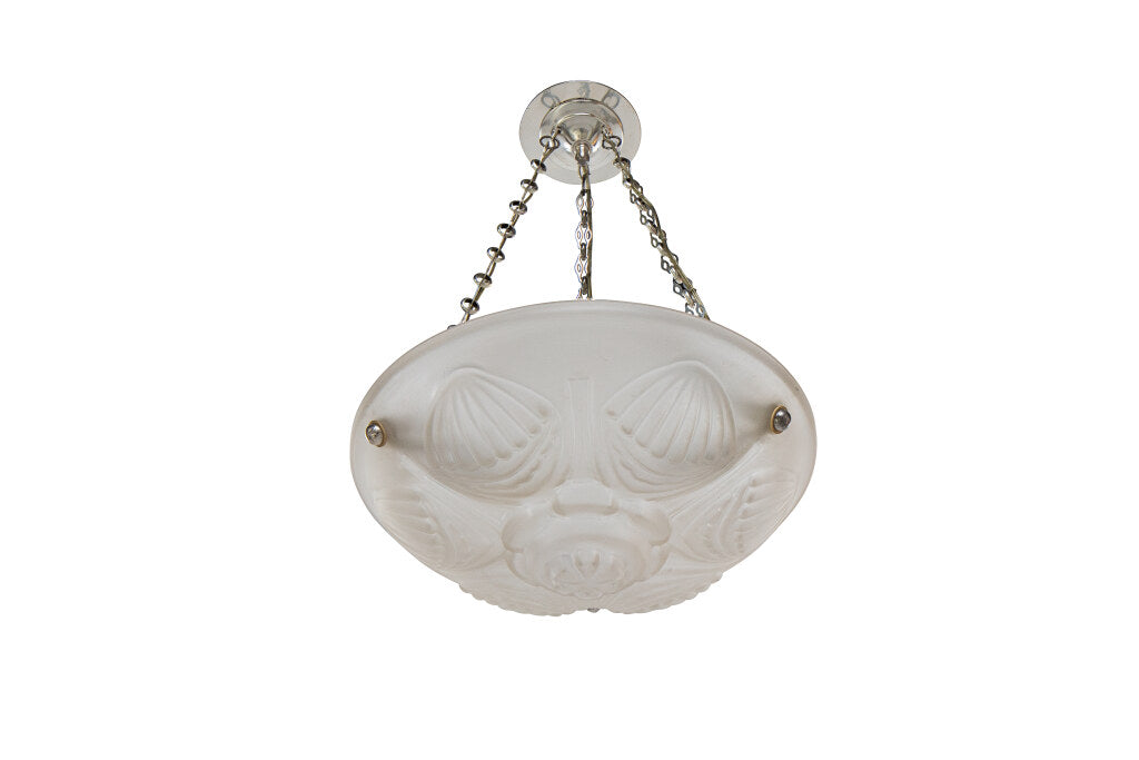 Molded Glass Art Deco Three Light Pendant With Coquille Motif, F Default