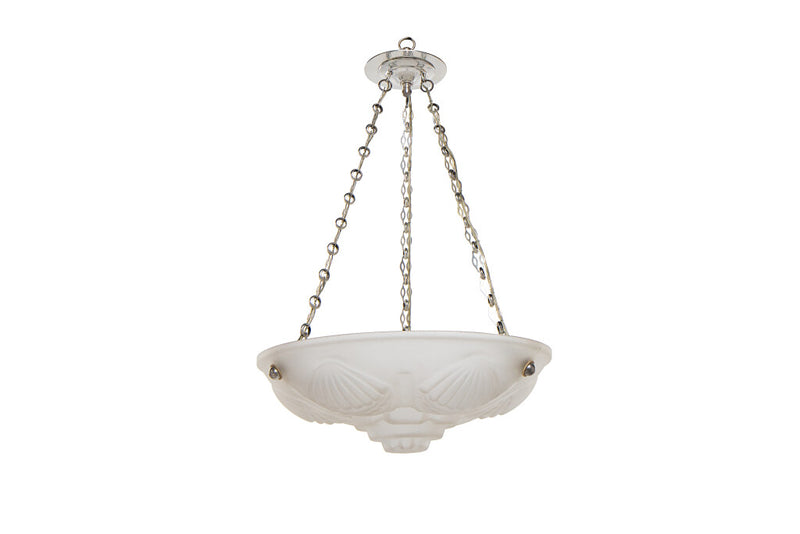 Molded Glass Art Deco Three Light Pendant With Coquille Motif, F