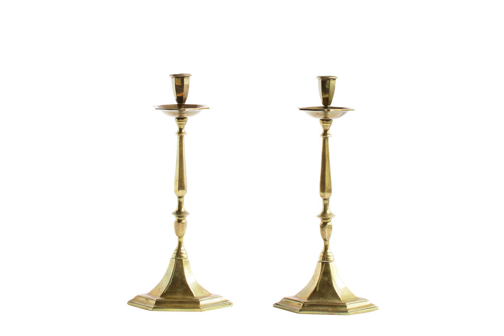 Brass Candlesticks With Triangular Shaped Bases, England 19th Ce Default