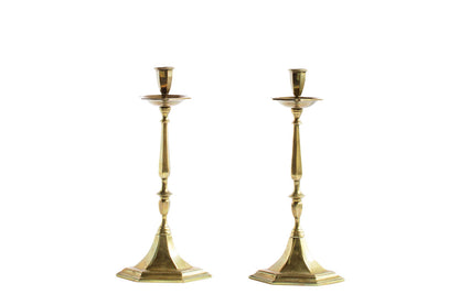 Brass Candlesticks With Triangular Shaped Bases, England 19th Ce Default