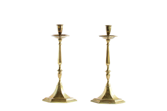 Brass Candlesticks With Triangular Shaped Bases, England 19th Ce Default