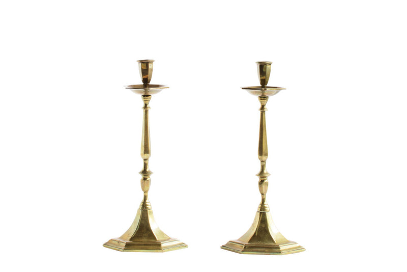 Brass Candlesticks With Triangular Shaped Bases, England 19th Ce