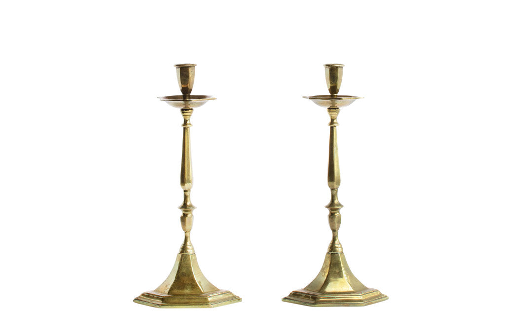 Brass Candlesticks With Triangular Shaped Bases, England 19th Ce Default