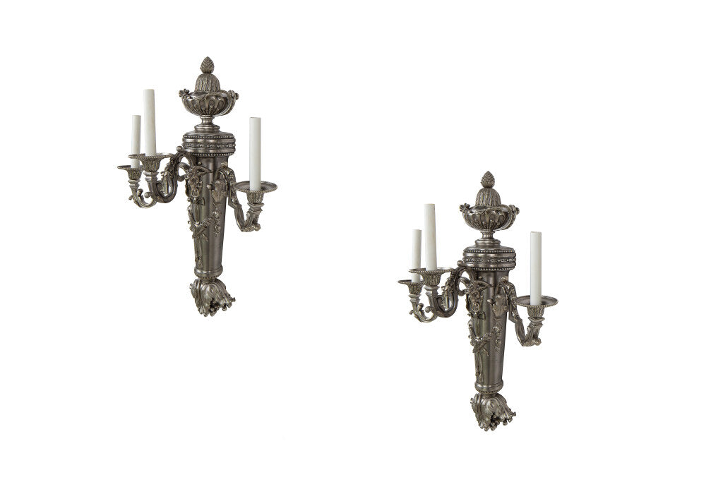 Silvered Bronze L.XVI Style Three Light Sconces, France 19th Cen Default