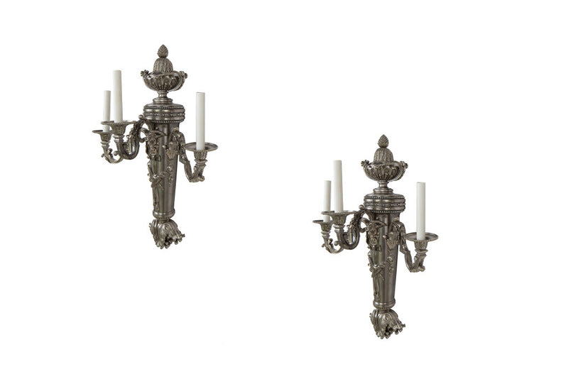 Silvered Bronze L.XVI Style Three Light Sconces, France 19th Cen