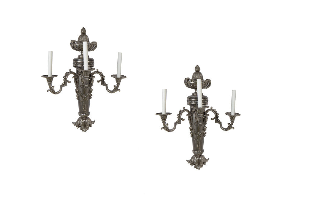 Silvered Bronze L.XVI Style Three Light Sconces, France 19th Cen Default